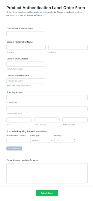 Product Authentication Label Order Form Template