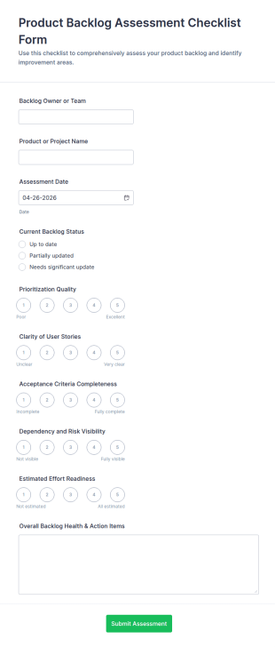 Product Backlog Assessment Checklist Form Template