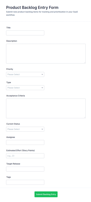Product Backlog Entry Form Template
