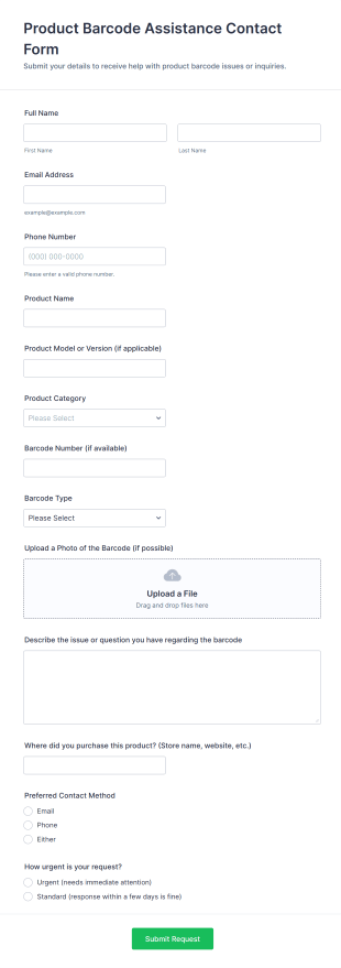 Product Barcode Assistance Contact Form Template