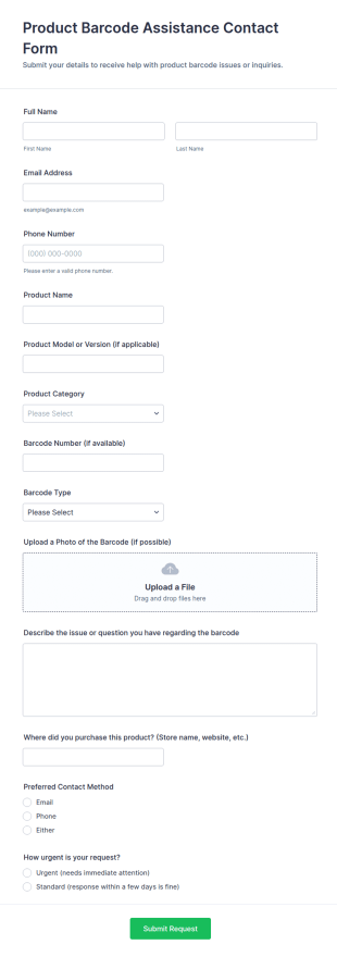Product Barcode Assistance Contact Form Template
