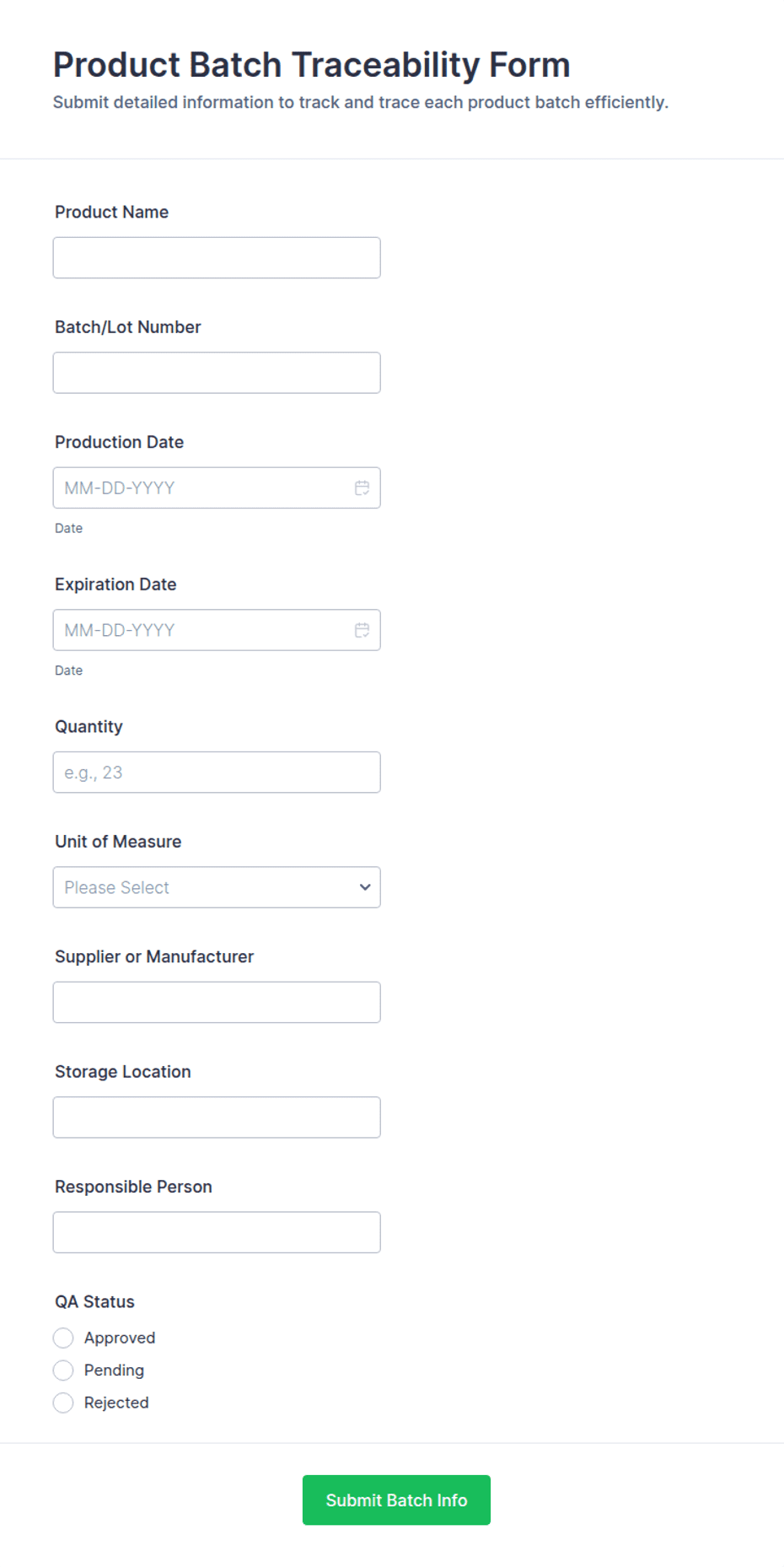 Product Batch Traceability Form Template | Jotform