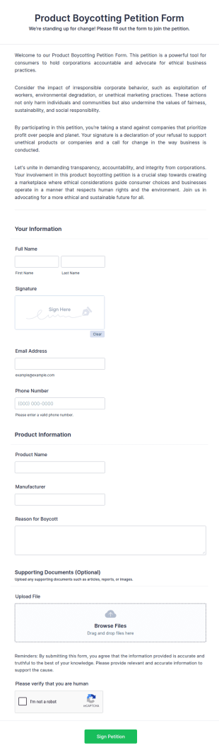 Product Boycotting Petition Form Template