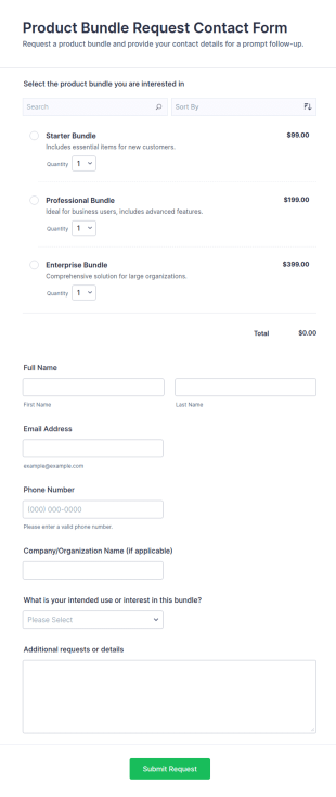 Product Bundle Request Contact Form Template