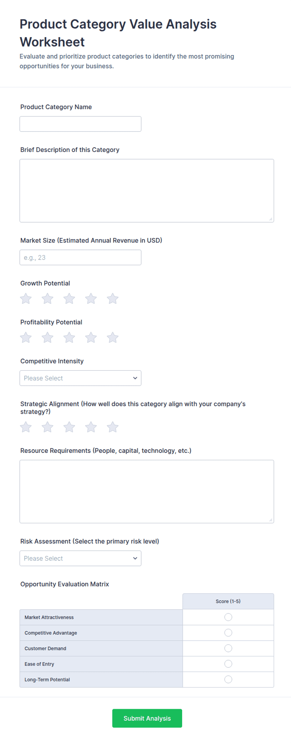 Product Category Value Analysis Worksheet Form Template | Jotform