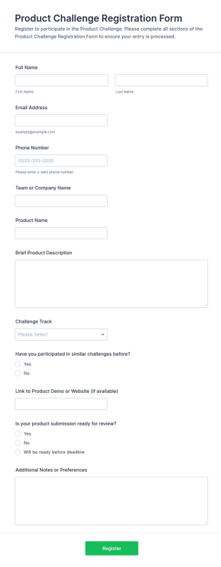 Product Challenge Registration Form Template