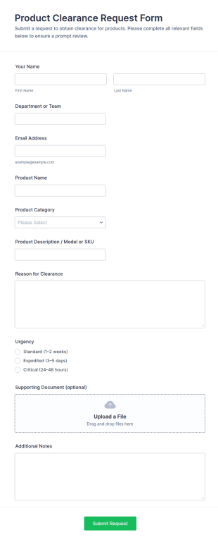 Product Clearance Request Form Template