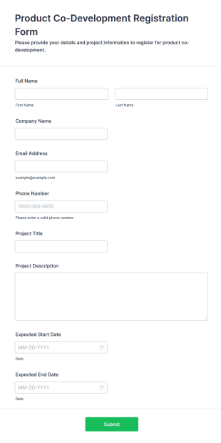 Product Co Development Registration Form Template