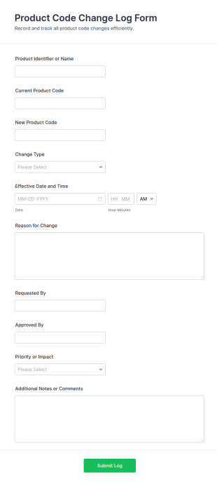 Product Code Change Log Form Template
