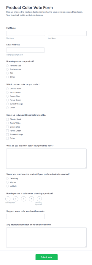 Product Color Vote Form Template
