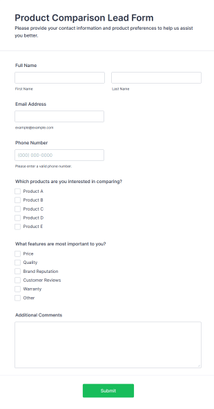 Product Comparison Lead Form Template