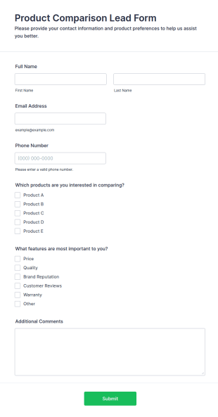 Product Comparison Lead Form Template