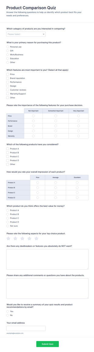 Product Comparison Quiz Form Template