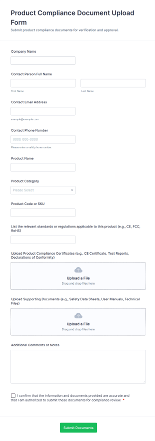 Product Compliance Document Upload Form Form Template