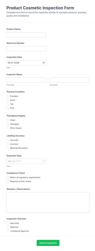 Product Cosmetic Inspection Form Template