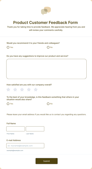Product Customer Feedback Form Form Template
