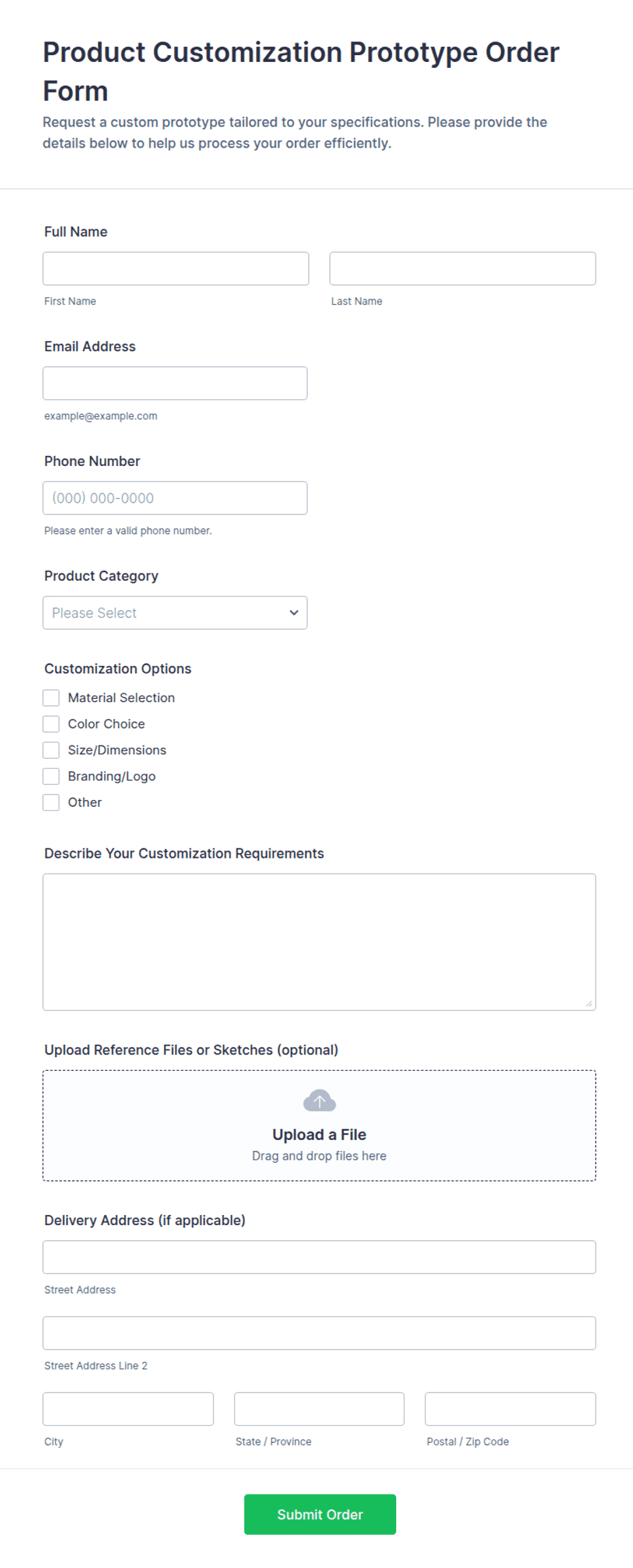 Product Customization Prototype Order Form Template | Jotform