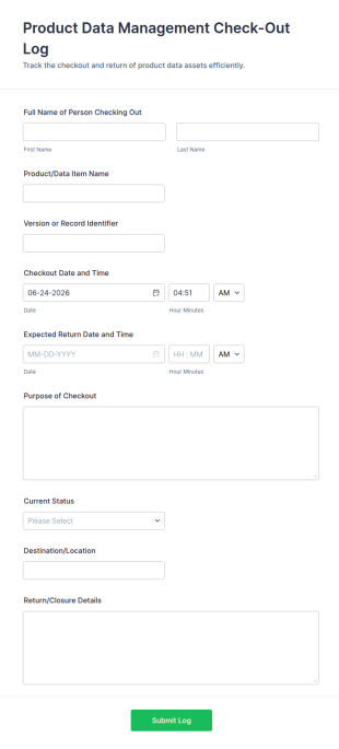 Product Data Management Check Out Log Form Template