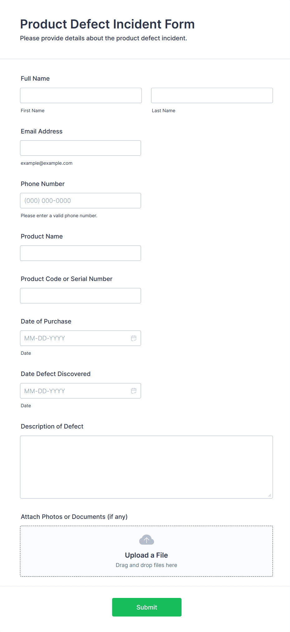 Product Defect Incident Form Template | Jotform