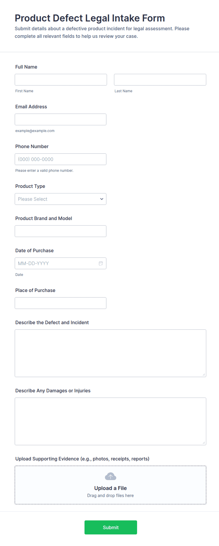 Product Defect Legal Intake Form Template | Jotform