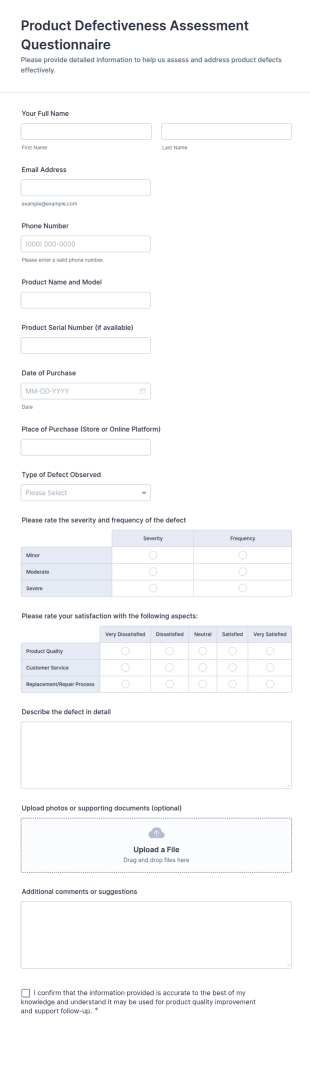 Product Defectiveness Assessment Questionnaire Form Template