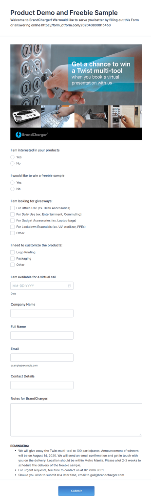 Product Demo And Freebie Sample Request Form Template
