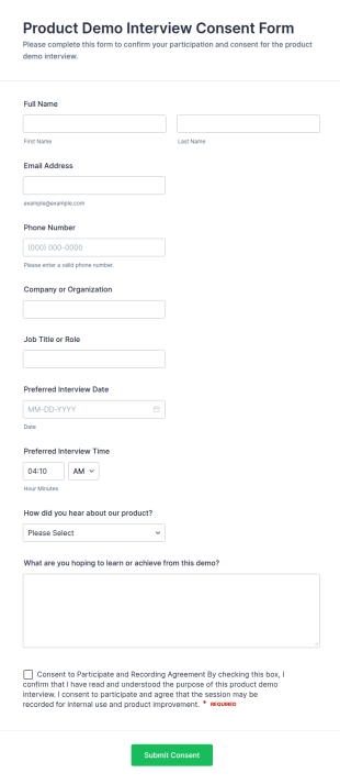 Product Demo Interview Consent Form Template