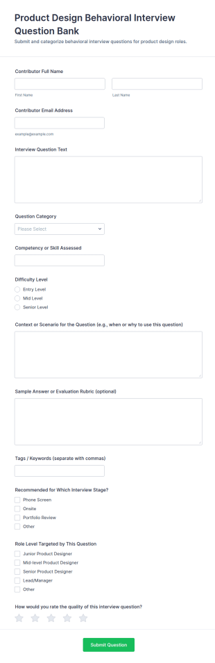 Product Design Behavioral Interview Question Bank Form Template