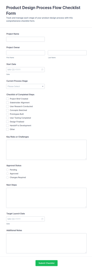 Product Design Process Flow Checklist Form Template
