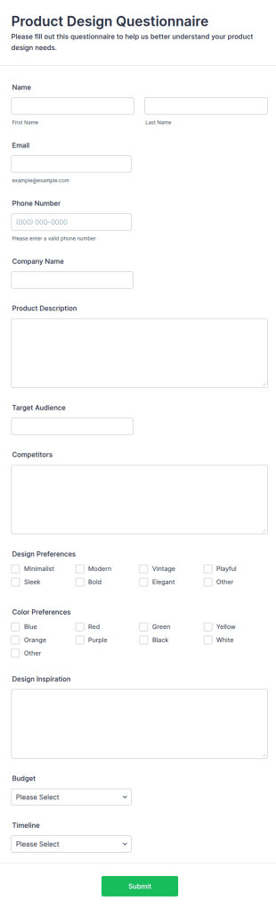 Product Design Questionnaire Form Template