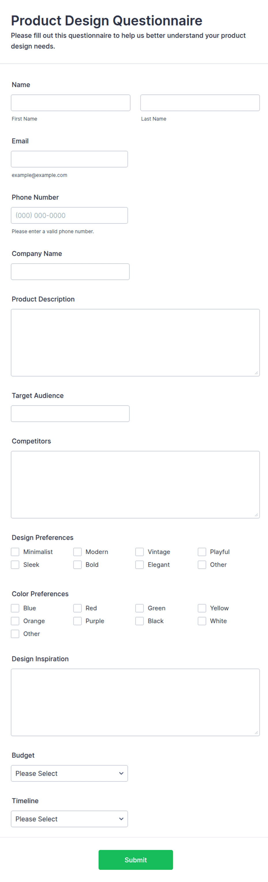 Product Design Questionnaire Form Template | Jotform