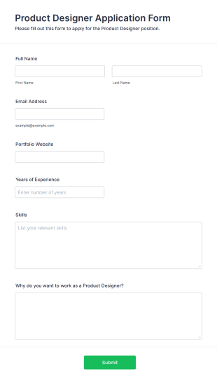 Product Designer Application Form Form Template