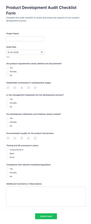 Product Development Audit Checklist Form Template