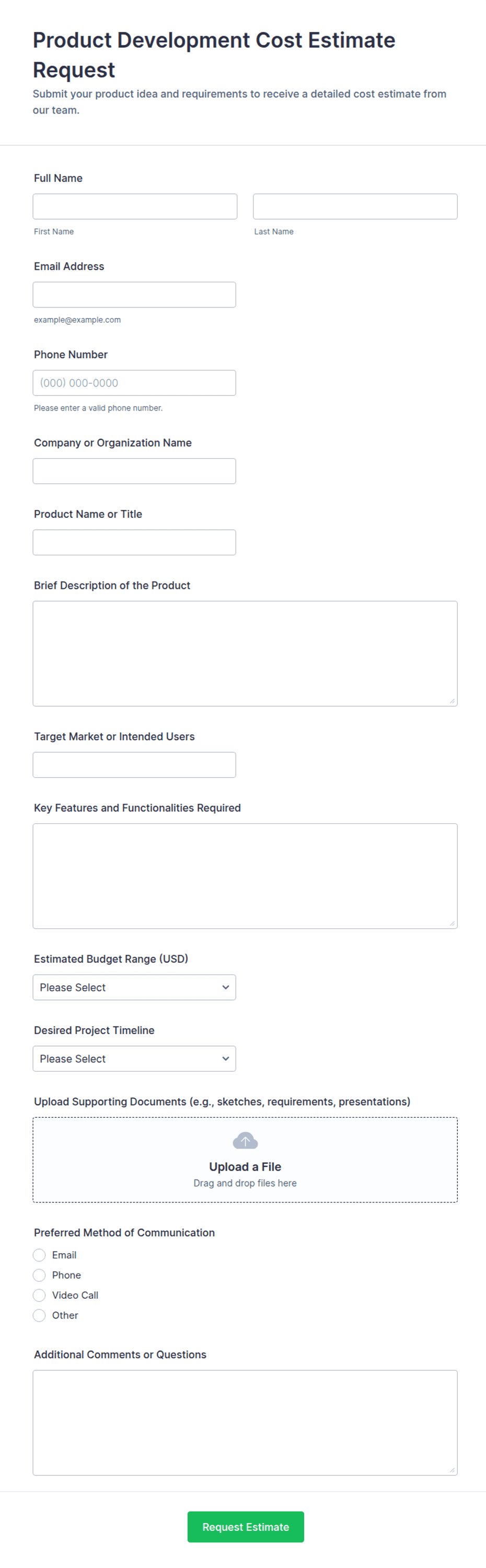 Product Development Cost Estimate Request Form Template | Jotform