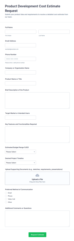 Product Development Cost Estimate Request Form Template
