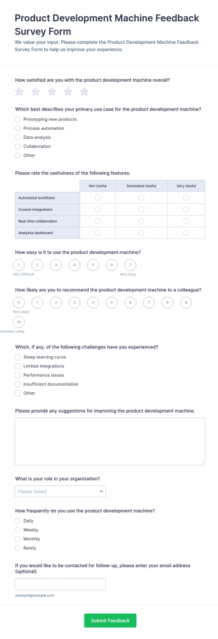 Product Development Machine Feedback Survey Form Template