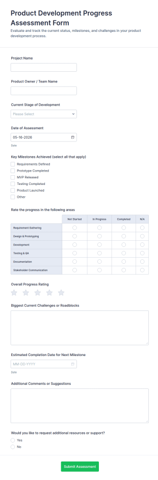 Product Development Progress Assessment Form Template