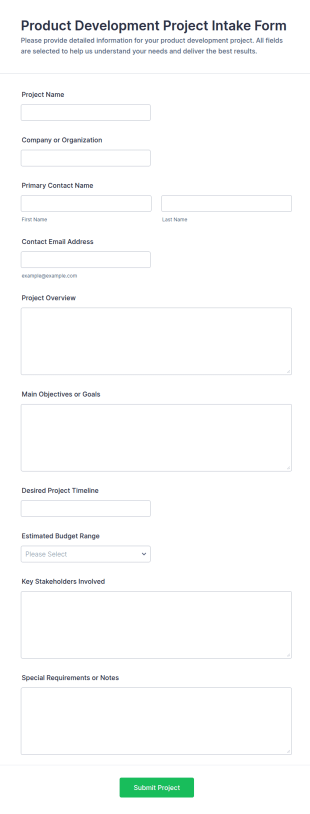 Product Development Project Intake Form Template