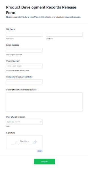 Product Development Records Release Form Form Template