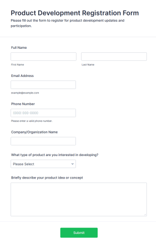 Product Development Registration Form Template