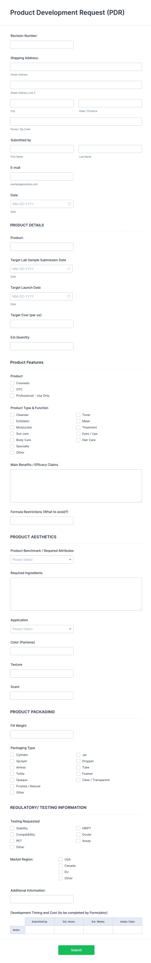 Product Development Request (PDR) Form Template