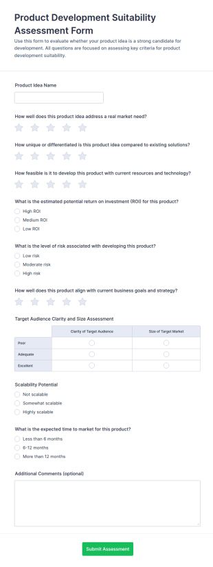 Product Development Suitability Assessment Form Template