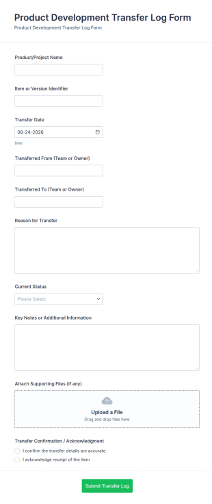 Product Development Transfer Log Form Template