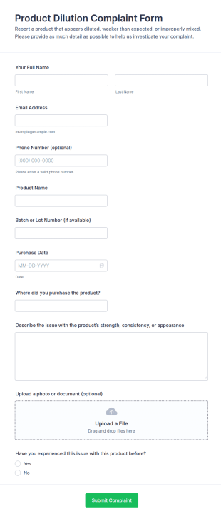 Product Dilution Complaint Form Template