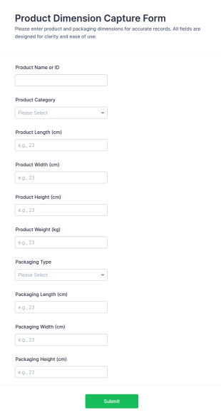 Product Dimension Capture Form Template