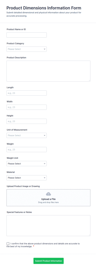 Product Dimensions Information Form Template