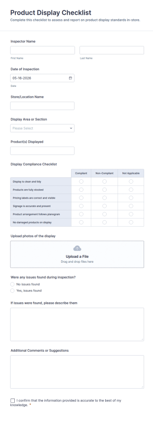 Product Display Checklist Form Template