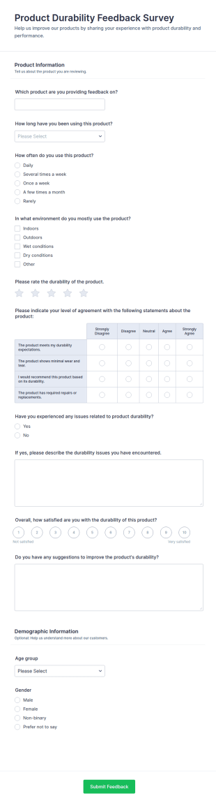 Product Durability Feedback Survey Form Template