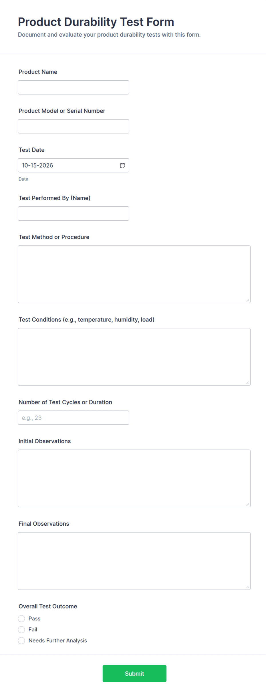 Product Durability Test Form Template | Jotform