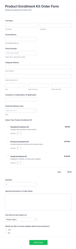 Product Enrollment Kit Order Form Template